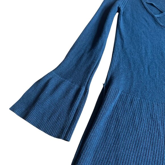 Free People Long-Length Teal Blue Criss Cross Pullover Sweater Bell Sleeves XS - Picture 2 of 9